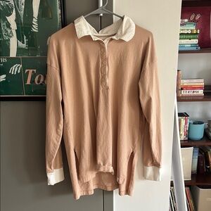 Tan Long Sleeve Rugby Shirt Oversized with White Collar Aeries